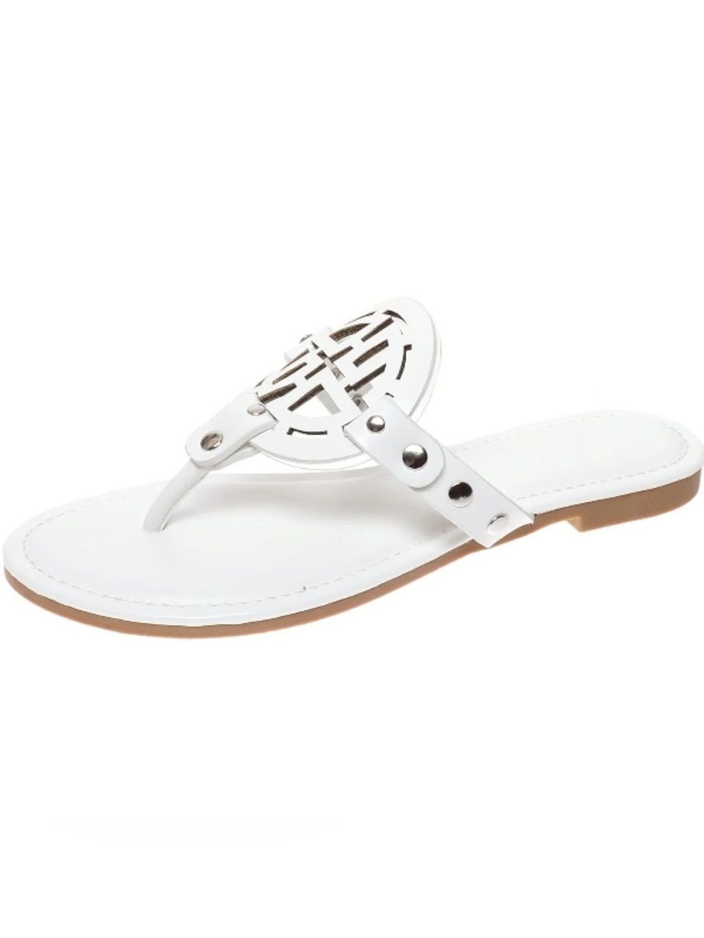 Pierre Dumas White Medallion Thong Sandal with Silver Rivets